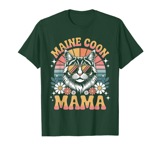 Maine Coon Cat Mama Floral Vintage 60s 70s Sunglasses T-Shirt