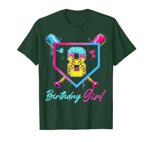 8th Birthday Softball Ice Cream Drip 8 Year Old Bday Girl T-Shirt