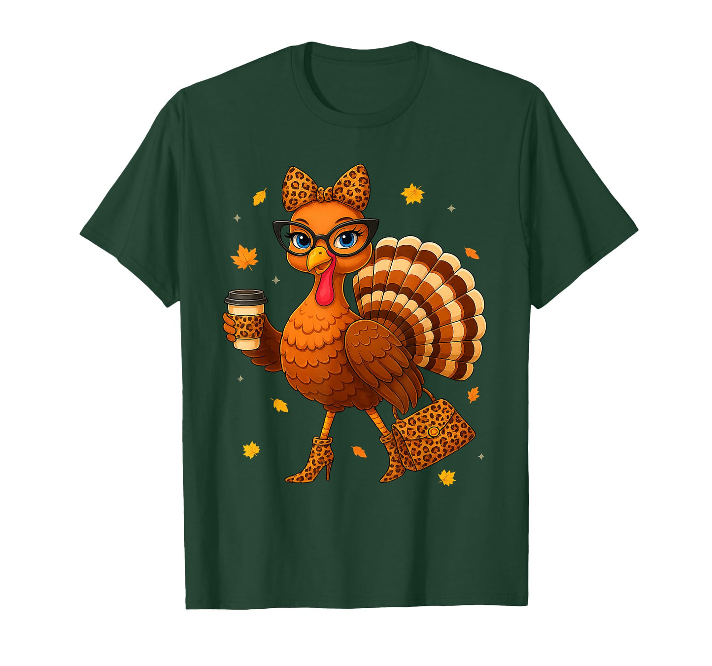 Turkey Drinking Coffee Thanksgiving Leopard Women Turkey Day T-Shirt