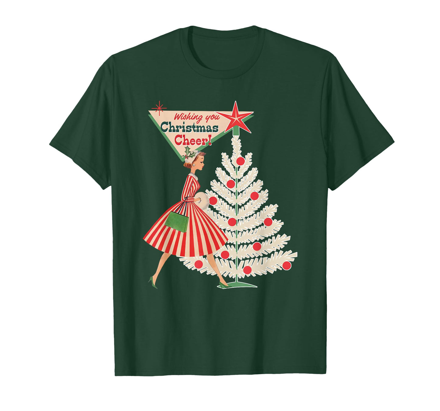 Vintage Retro 1950s Lady Wishing A Christmas Cheer Xmas Tree T-Shirt