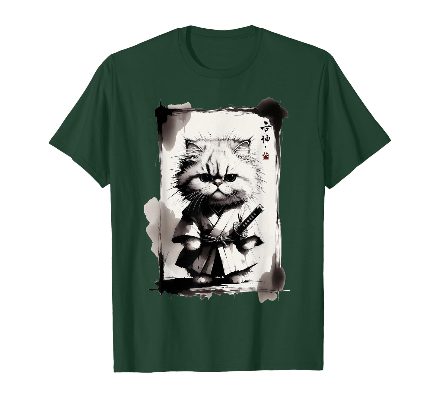 Kawaii Samurai Cat Japanese Art Sumi-e Novelty Funny Cat T-Shirt