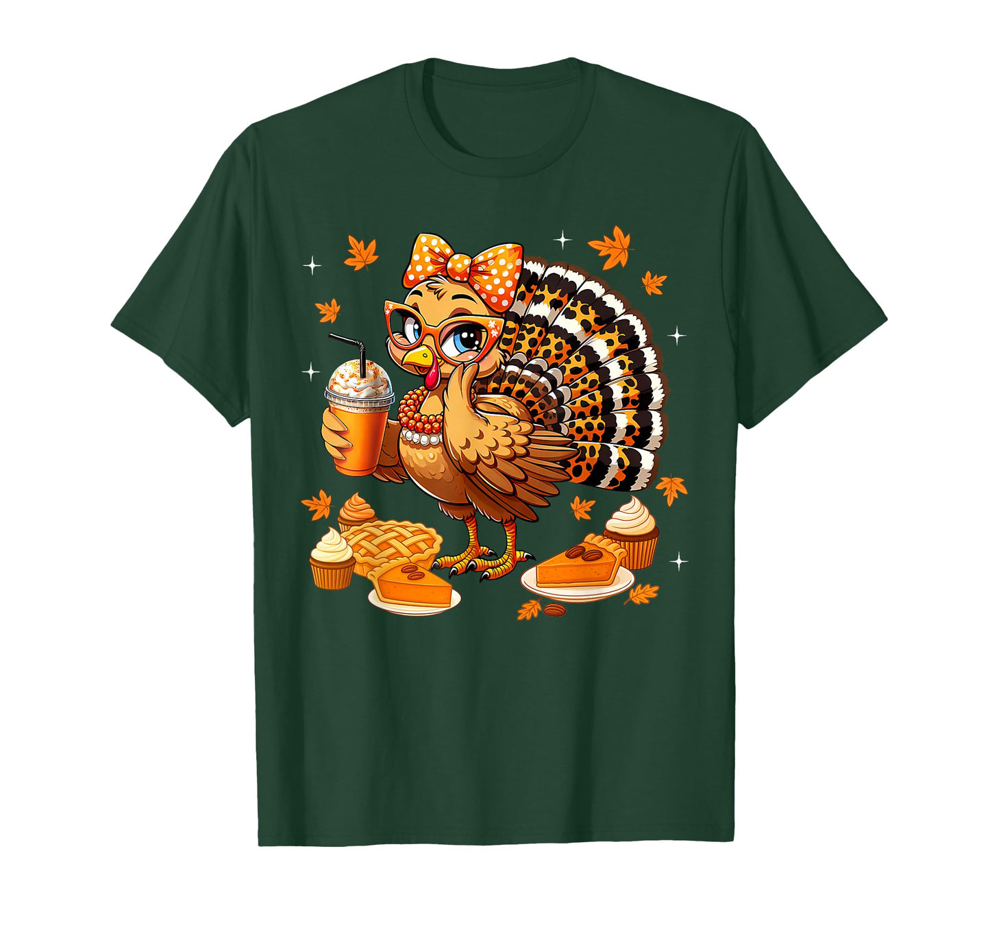 Leopard Turkey Drinking Coffee Bow Thanksgiving Women Girls T-Shirt