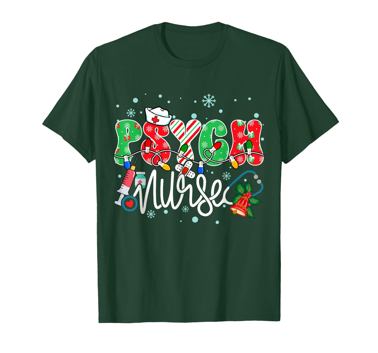 Psych Nurse Funny Xmas Light Stethoscope Christmas Nurse T-Shirt