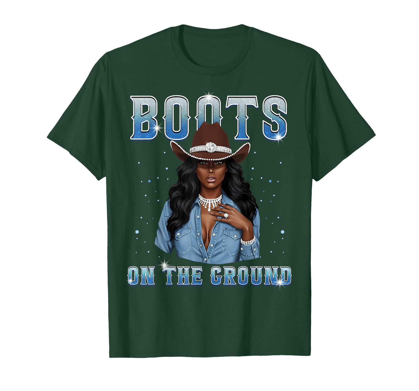 Afro Black Melanin Queen Western Cowgirl Hat Boots On Ground T-Shirt