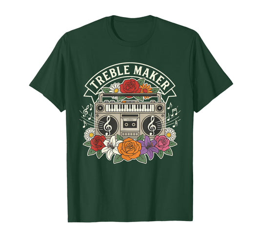 Treble Maker – Funny Music Pun Quote Boombox Floral Design T-Shirt
