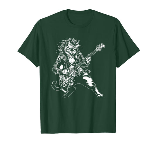 Punk Rock Cat Playing Bass Guitar Cool Musician Graphic T-Shirt