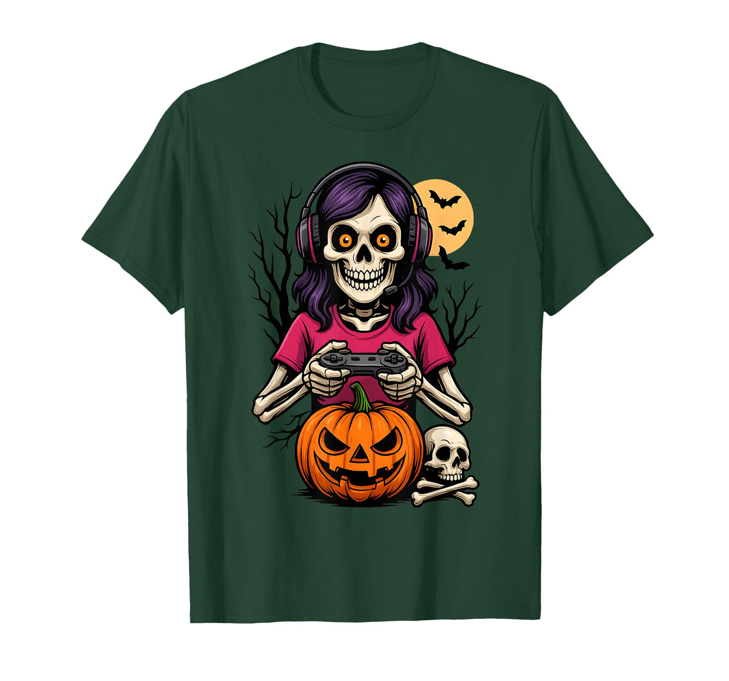 Skeleton Gamer Girl Halloween Video Game Pumpkin Skull Women T-Shirt