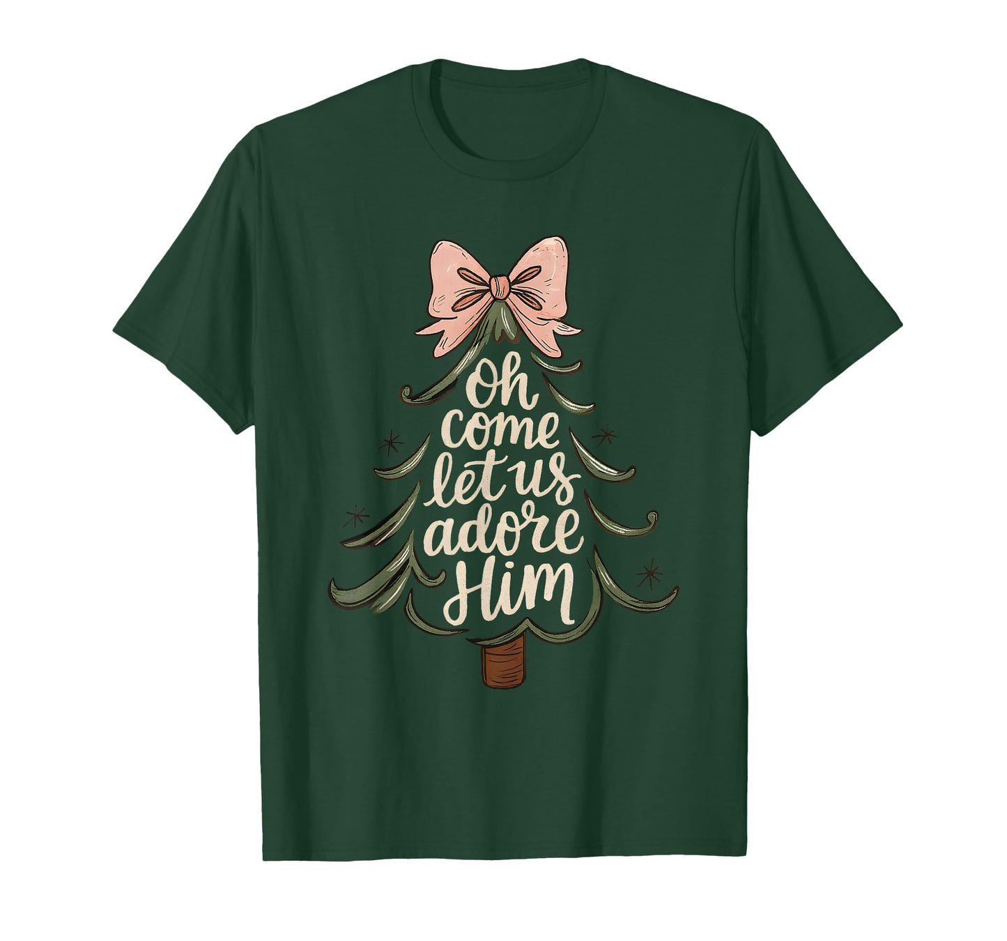 Oh Come Let Us Adore Him Christian Christmas Tree Art T-Shirt
