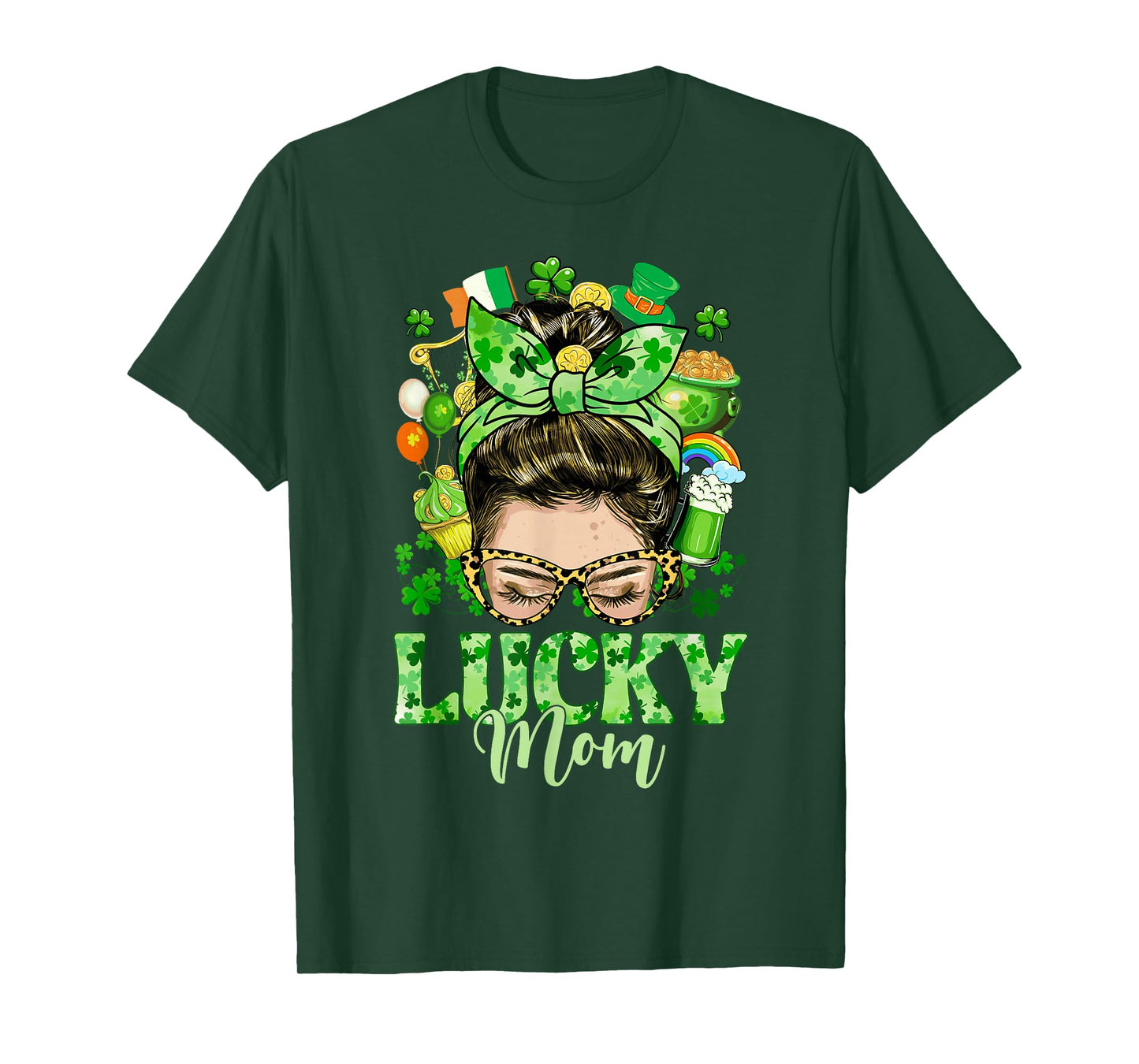 Messy Bun Hair Lucky Mom Shamrocks St Patrick's Day Women T-Shirt