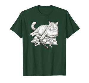 Funny Cat On Chessboard Knocking Over Pieces Chess Player T-Shirt