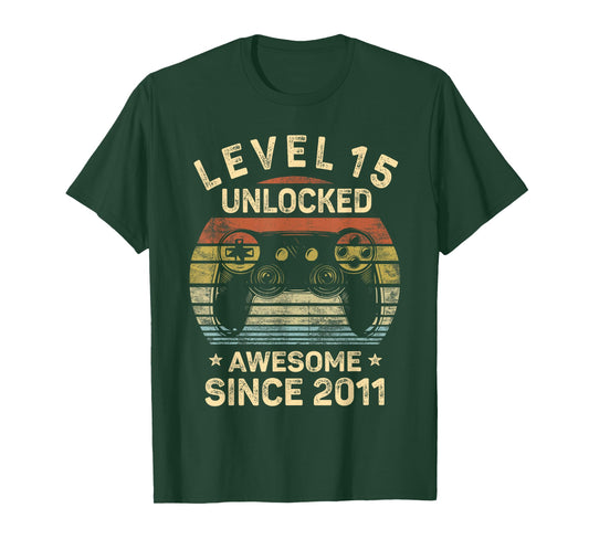Level 15 Unlocked Awesome Since 2011 15th Birthday Gaming T-Shirt