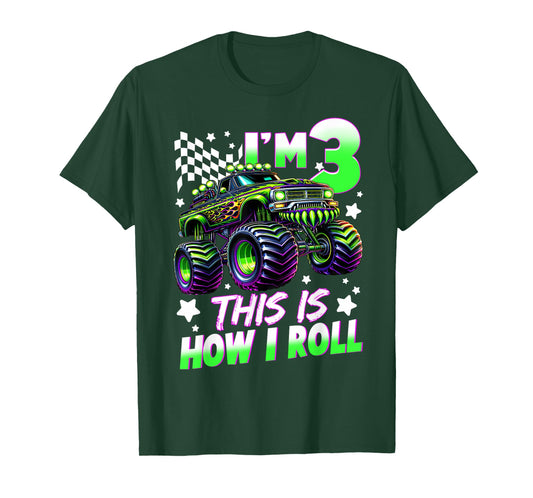 Kids 3 Year Old Monster Truck 3rd Birthday Party Boy Bday T-Shirt