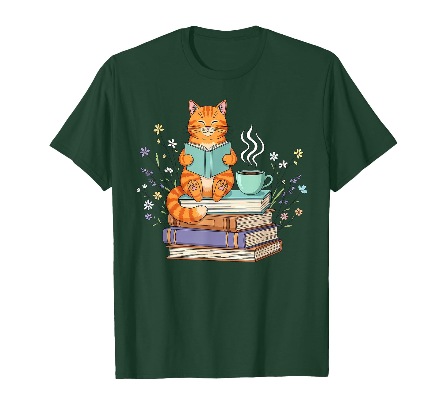 Cat Reading Book Lover Coffee Books Teacher Librarian Cat T-Shirt