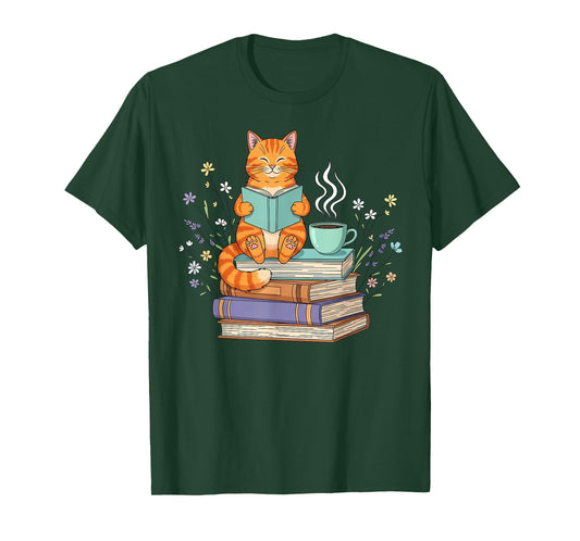 Cat Reading Book Lover Coffee Books Teacher Librarian Cat T-Shirt
