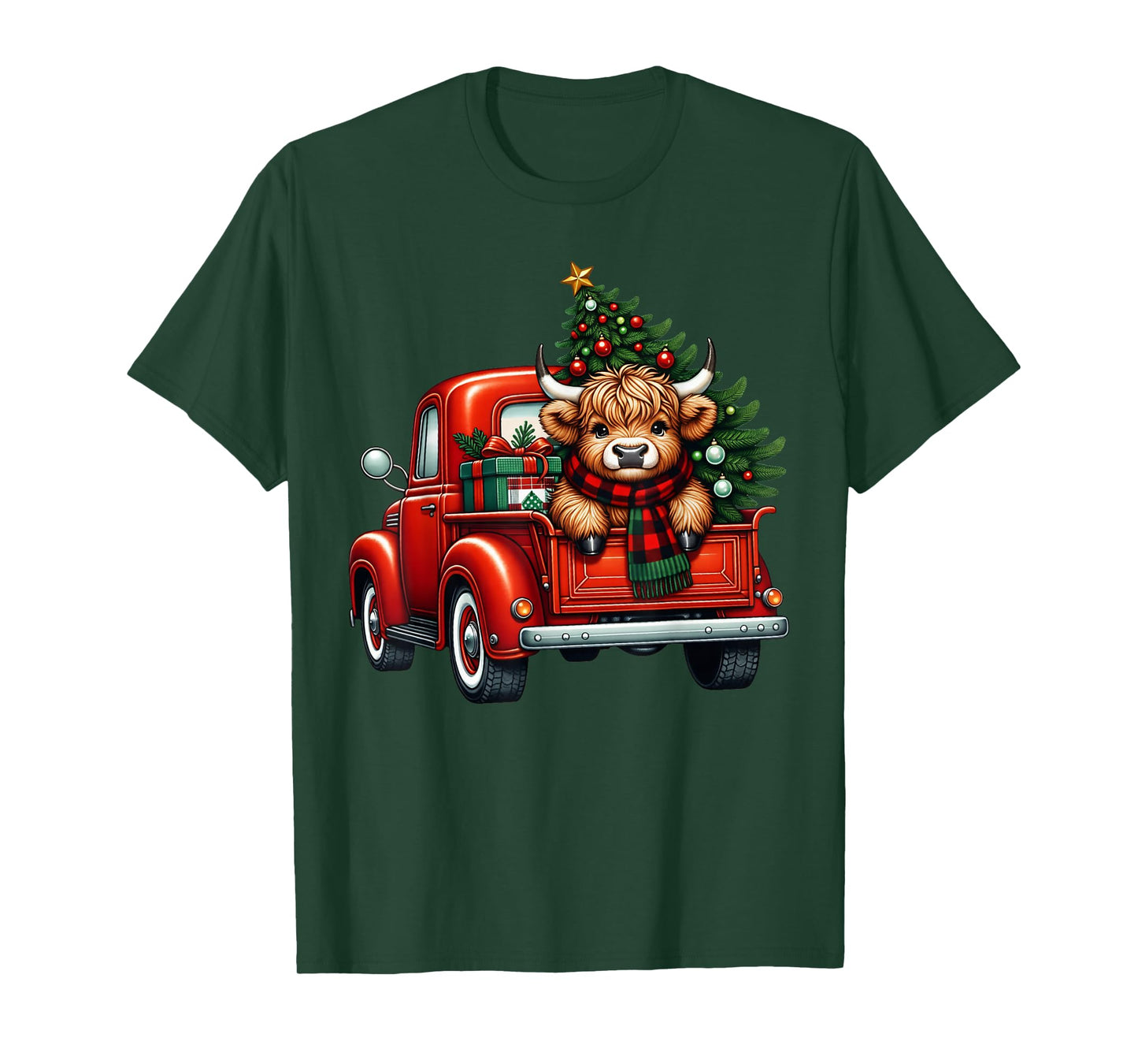 Merry Christmas Highland Cow Santa Hat Red Truck Xmas Tree T-Shirt