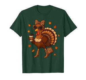 Leopard Turkey Drinking Coffee Thanksgiving Women T-Shirt