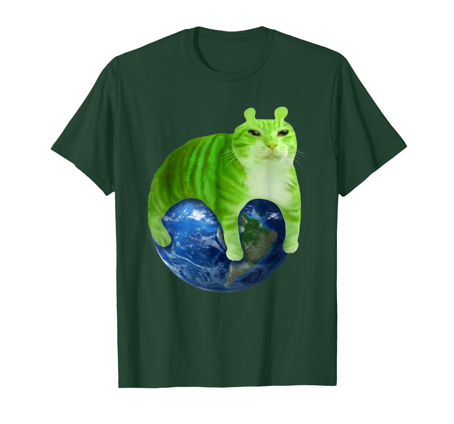 Green Space Cat Sitting On Earth Funny Cosmic Planet Art T-Shirt