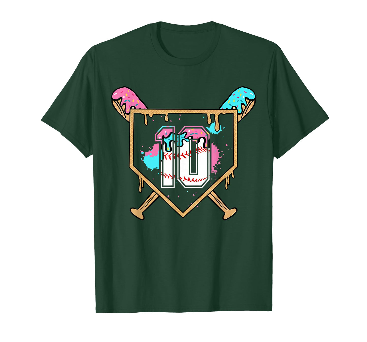 10th Birthday Baseball Bat Ice-Cream Drip 10yrs Old Boys T-Shirt