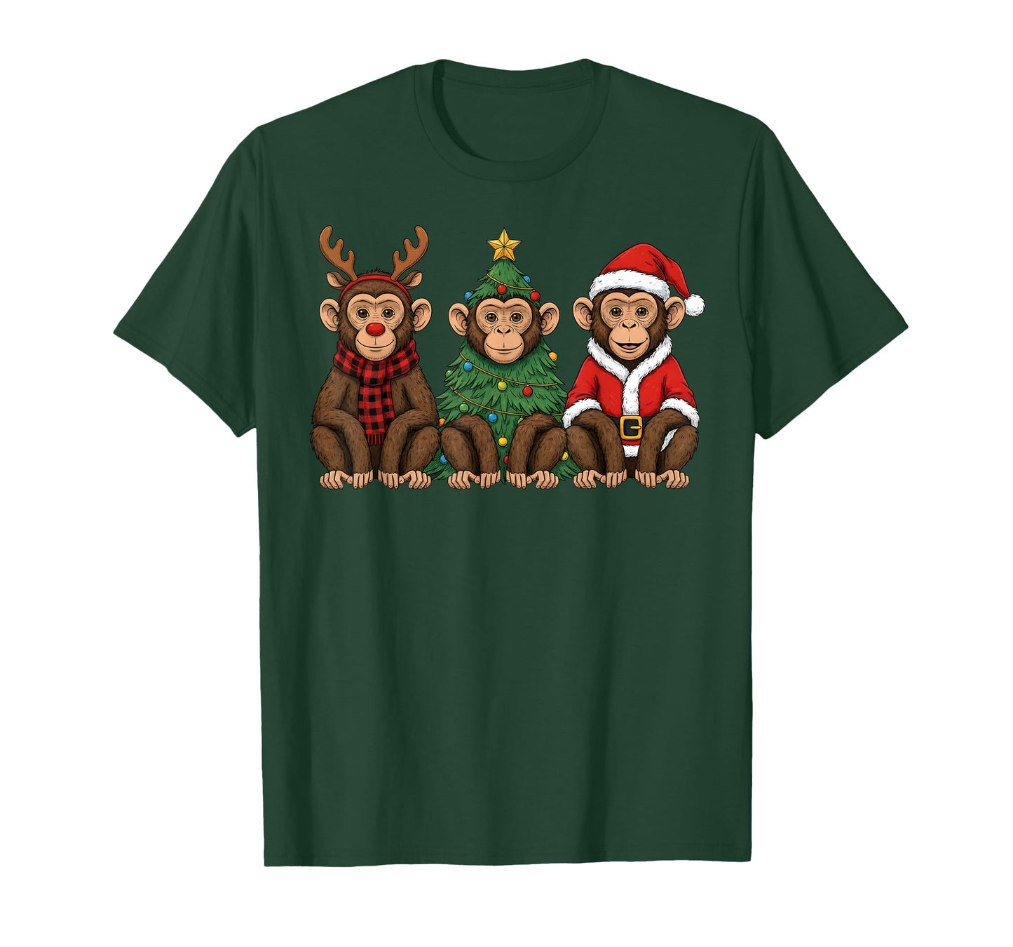 Retro Christmas Monkey Santa Reindeer Safari Animal T-Shirt