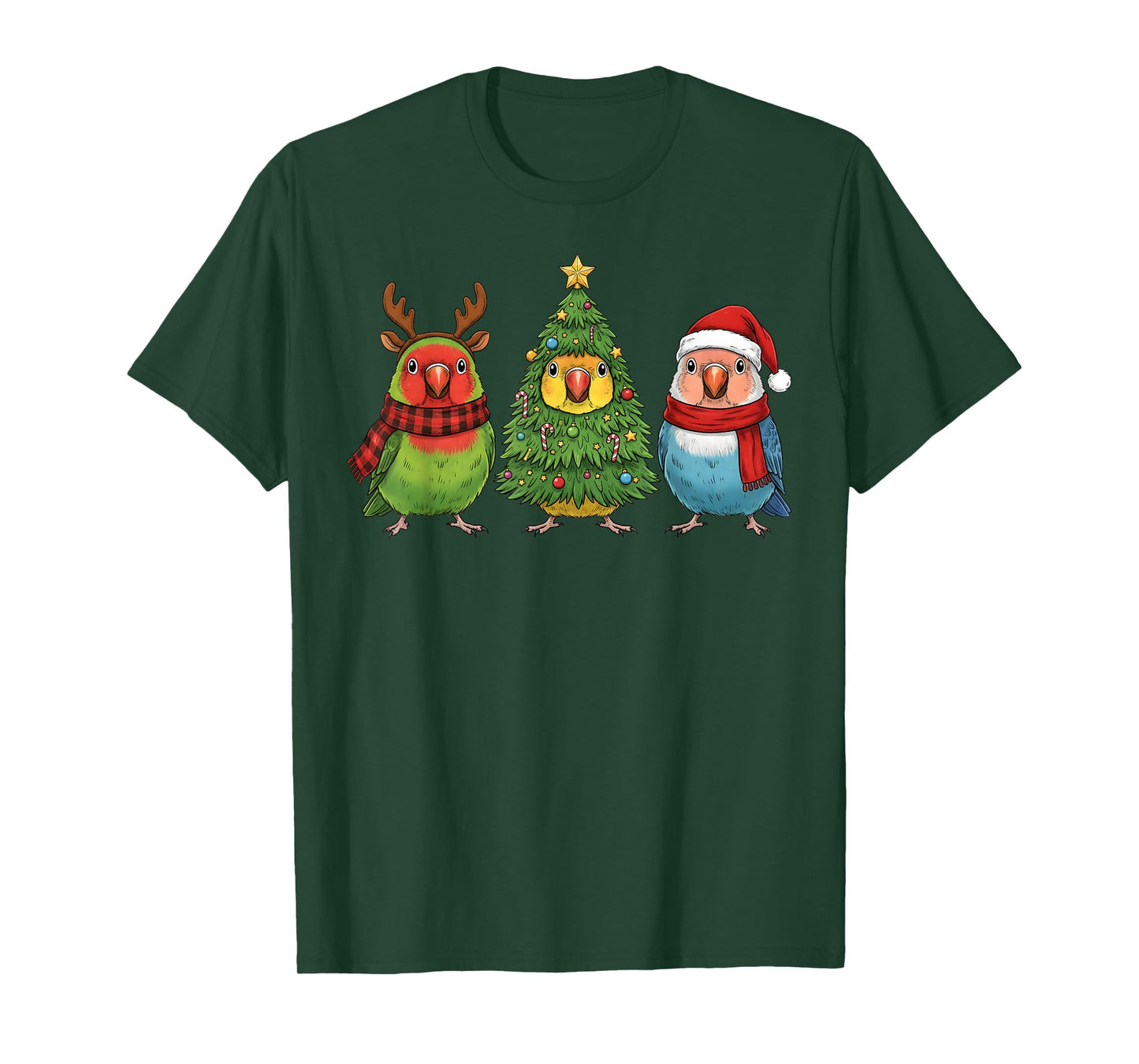 Retro Christmas Lovebird Parrot Santa Reindeer T-Shirt