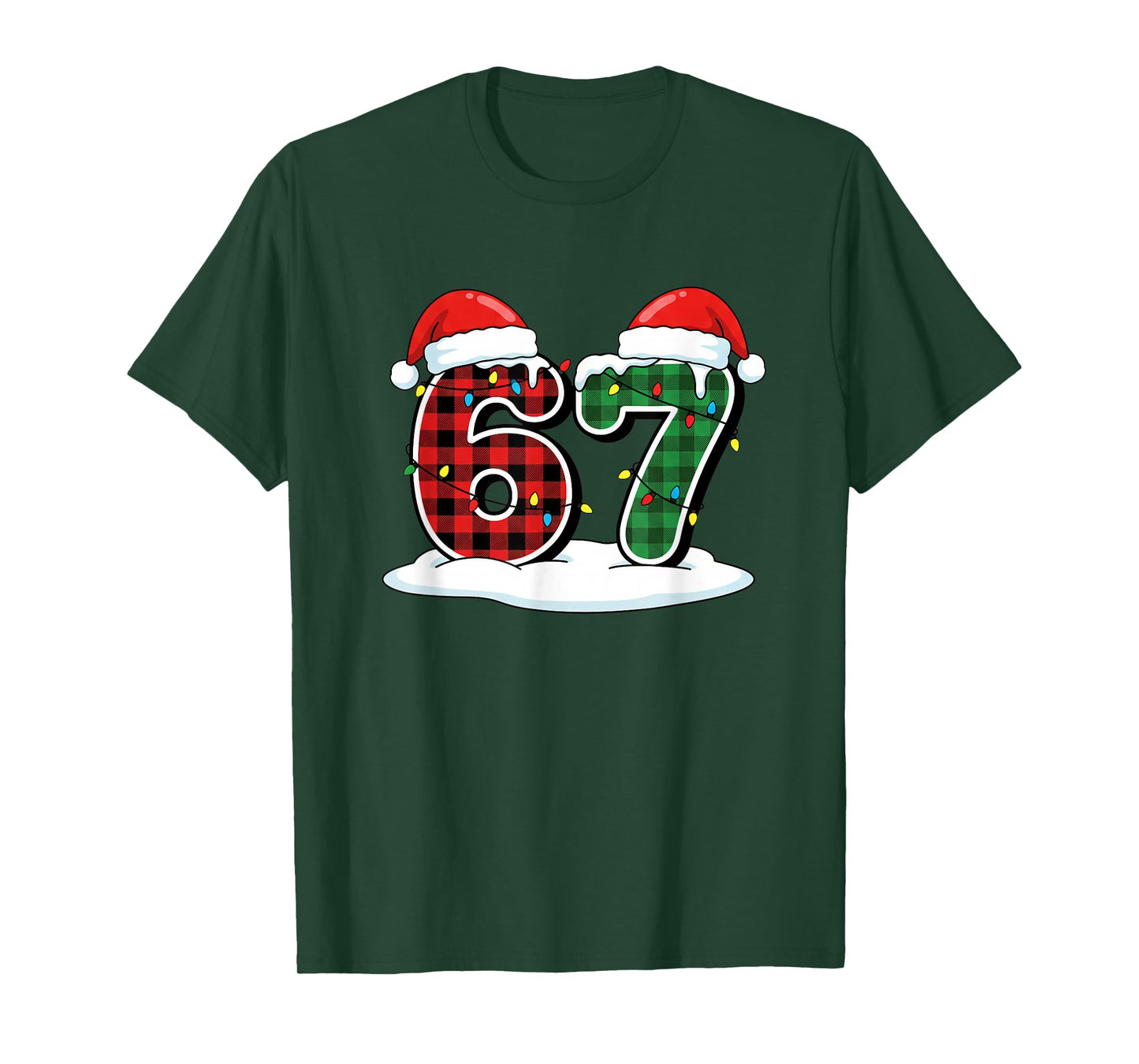 Christmas 67 Meme Six Seven Buffalo Plaid Santa Hats &Lights T-Shirt