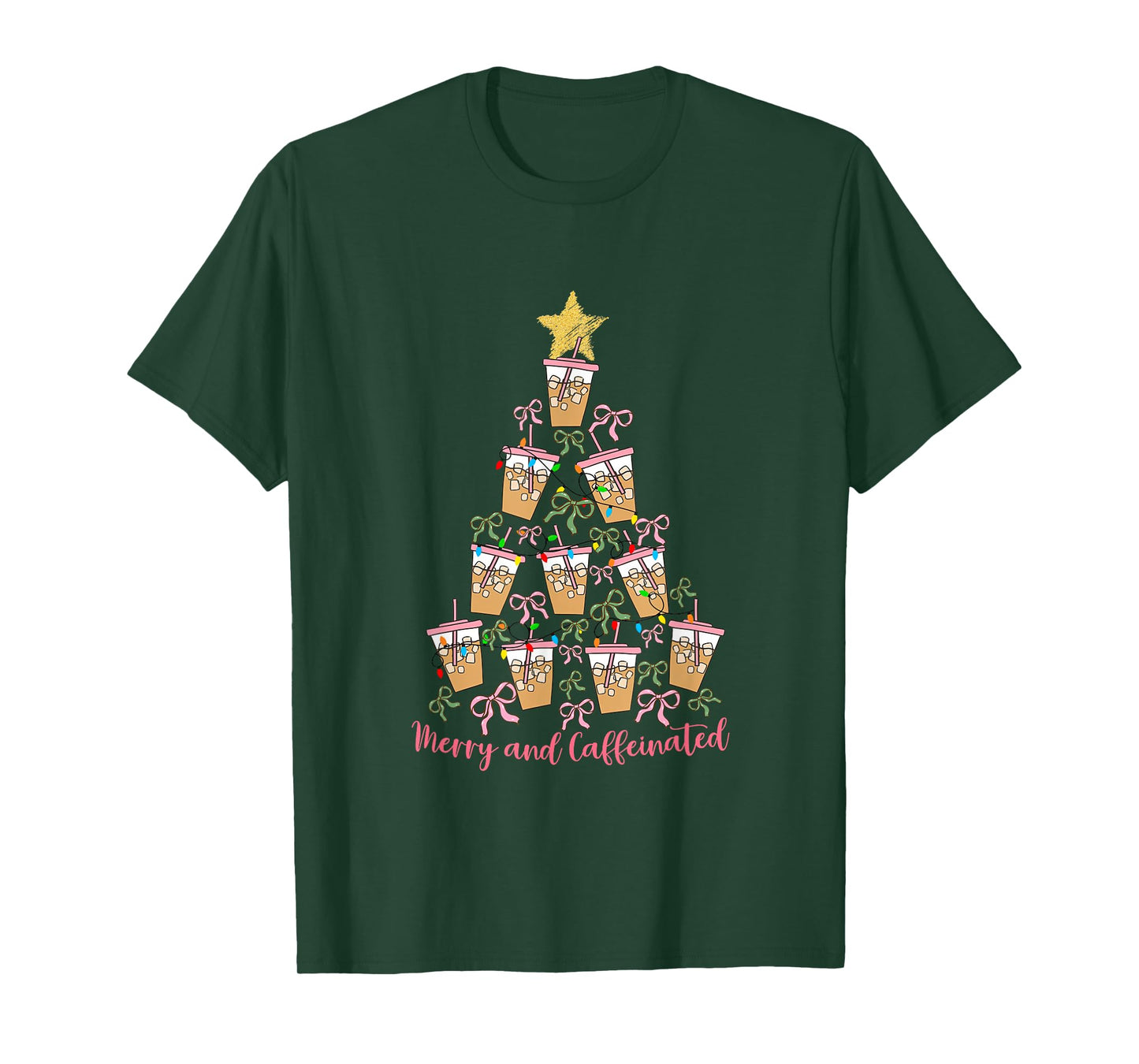 Merry and Caffeinated Girly Christmas Tree Bow Coffee Lover T-Shirt