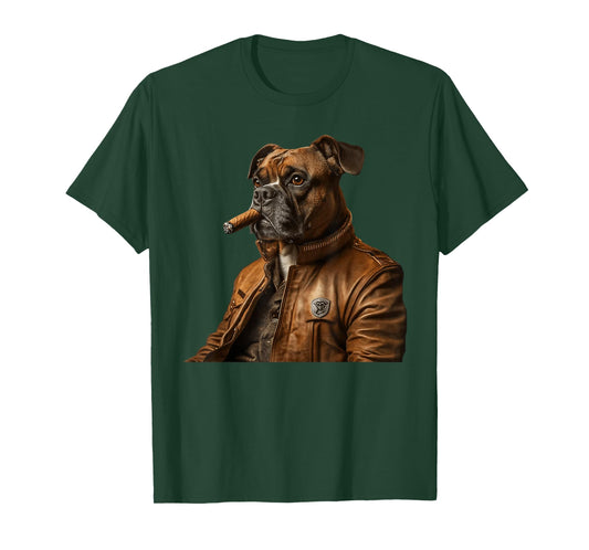 Cigar Boxer Funny Dog Wearing Leather Jacket Smoking Cigar T-Shirt