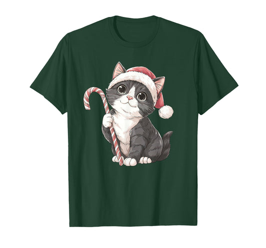 Cute Cat Santa Hat Candy Cane Merry Xmas Kitty Christmas T-Shirt