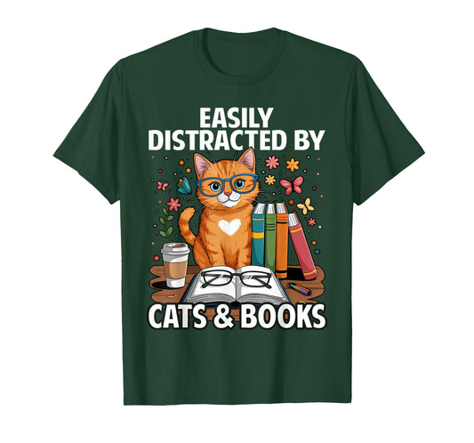 Easily Distracted by Cats and Books, Book Lover, Funny Cat T-Shirt