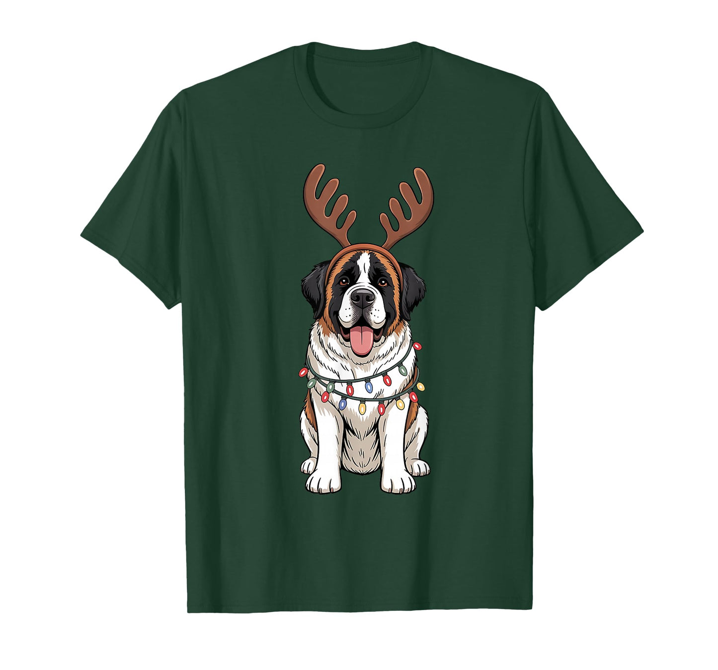 Saint Bernard Dog Christmas Reindeer Lights Funny Xmas T-Shirt