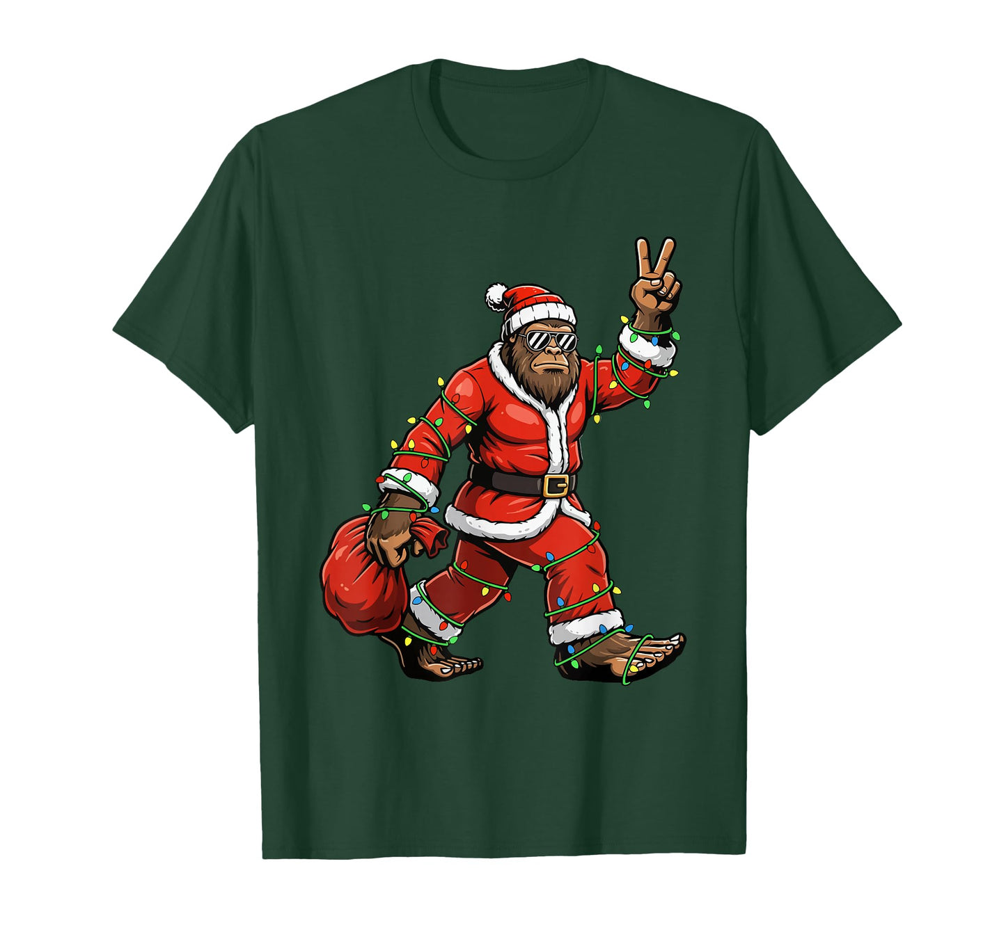 Santa Bigfoot Carrying Christmas Tree Lights T-Shirt
