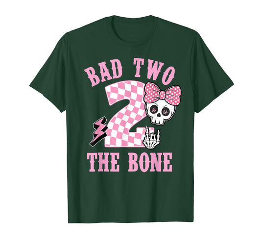 Bad Two The Bone Birthday 2 Years Old Pink Checkered Graphic T-Shirt