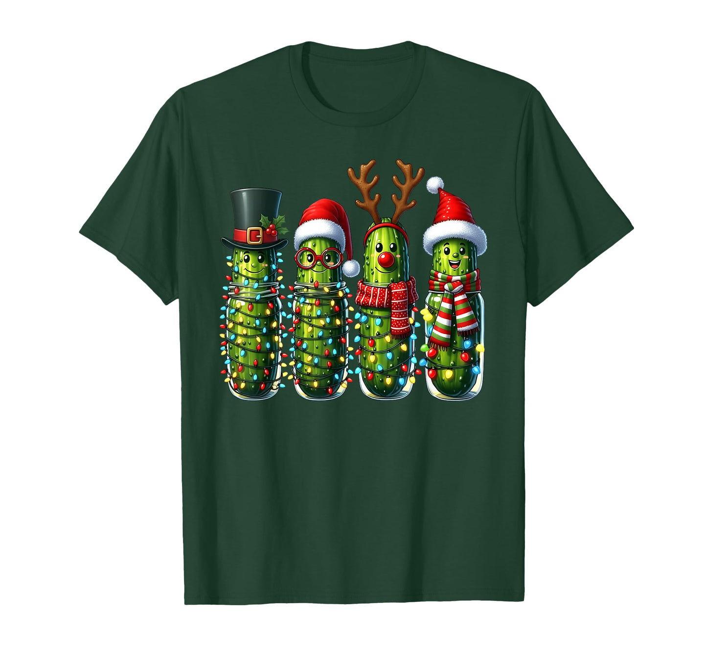 Retro Funny Christmas Pickles Santa Hat Reindeer Xmas Lights T-Shirt