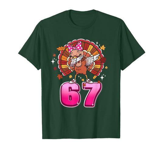 Girls Womens Thanksgiving 67 Six Seven Meme Pink Bow Turkey T-Shirt