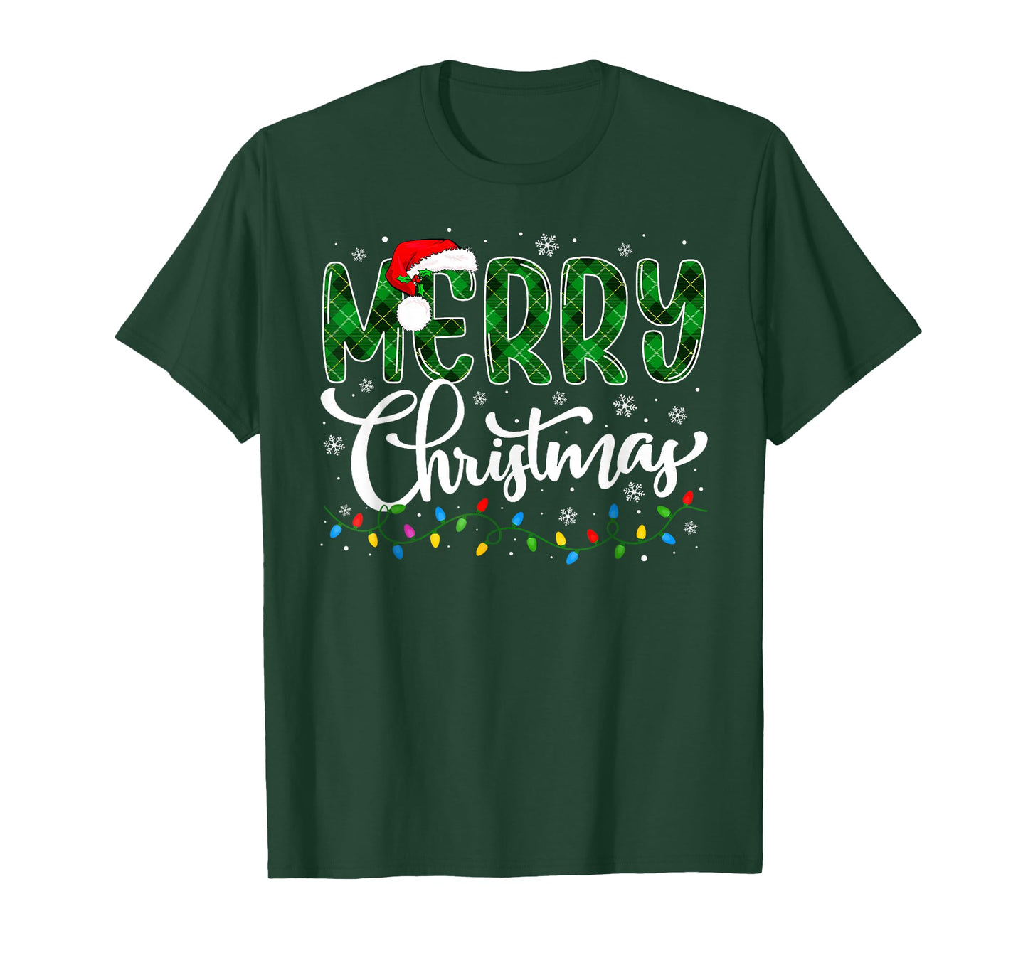Merry Christmas Green Buffalo Plaid Xmas Lights Family Santa T-Shirt