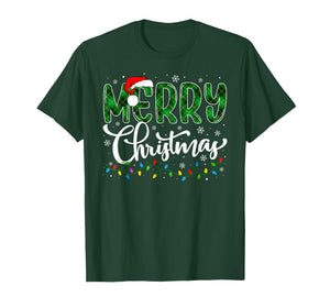Merry Christmas Green Buffalo Plaid Xmas Lights Family Santa T-Shirt