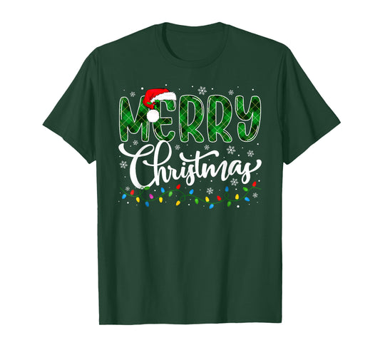 Merry Christmas Green Buffalo Plaid Xmas Lights Family Santa T-Shirt