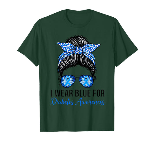I Wear Blues for Diabetes Awareness Blue Ribbon Messy Bun T-Shirt