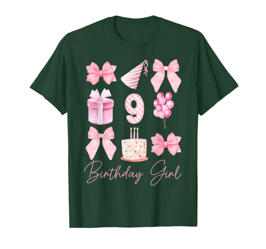 Birthday Girl 9th Birthday Pink Coquette Bow 9 Year Old Kids T-Shirt
