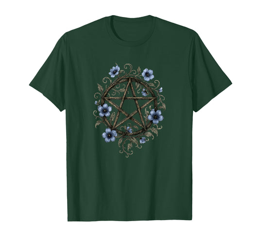 Rustic Pentacle & Blue Flowers Witchy Magic Cottagecore T-Shirt