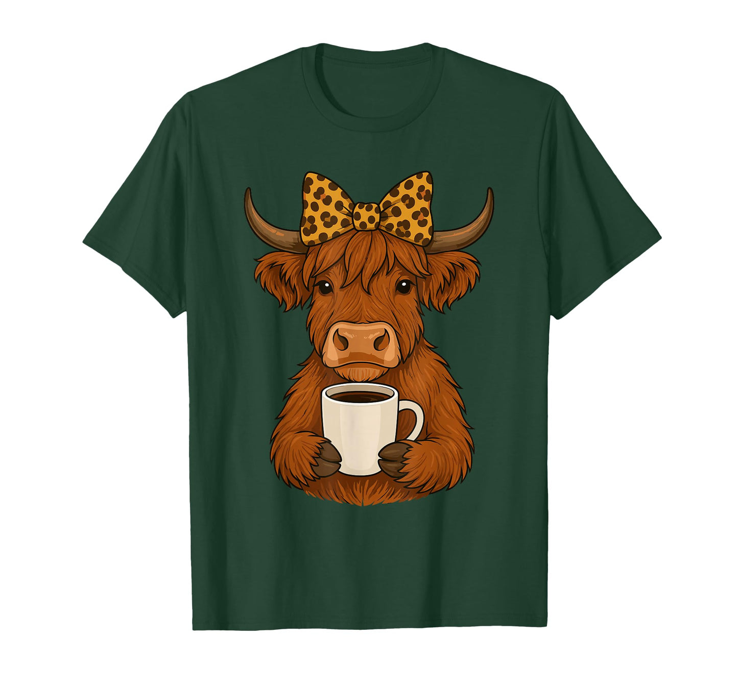 Highland Cow Drinking Coffee Leopard for Women Girls T-Shirt