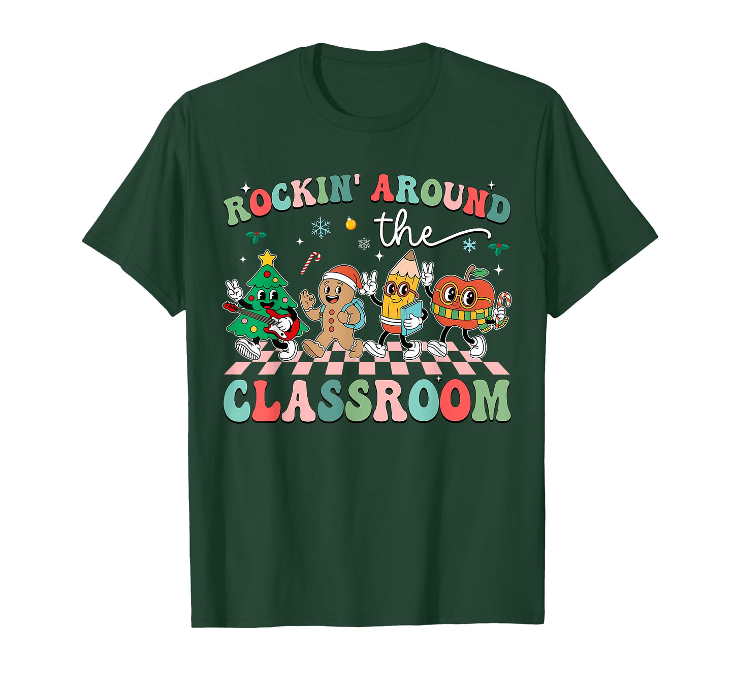 Retro Groovy Teacher Christmas Rockin' Around The Classroom T-Shirt