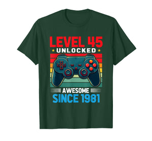 Level 45 Unlocked Awesome Since 1981 45th Birthday Gaming T-Shirt