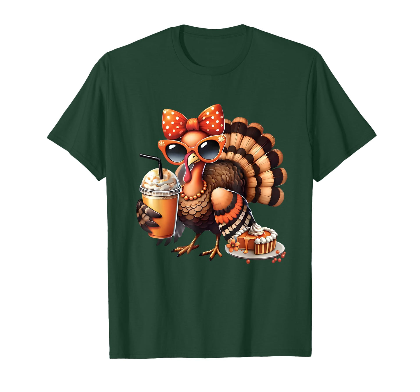 Turkey Drinking Coffee Bow Thanksgiving Womens Turkey Day T-Shirt