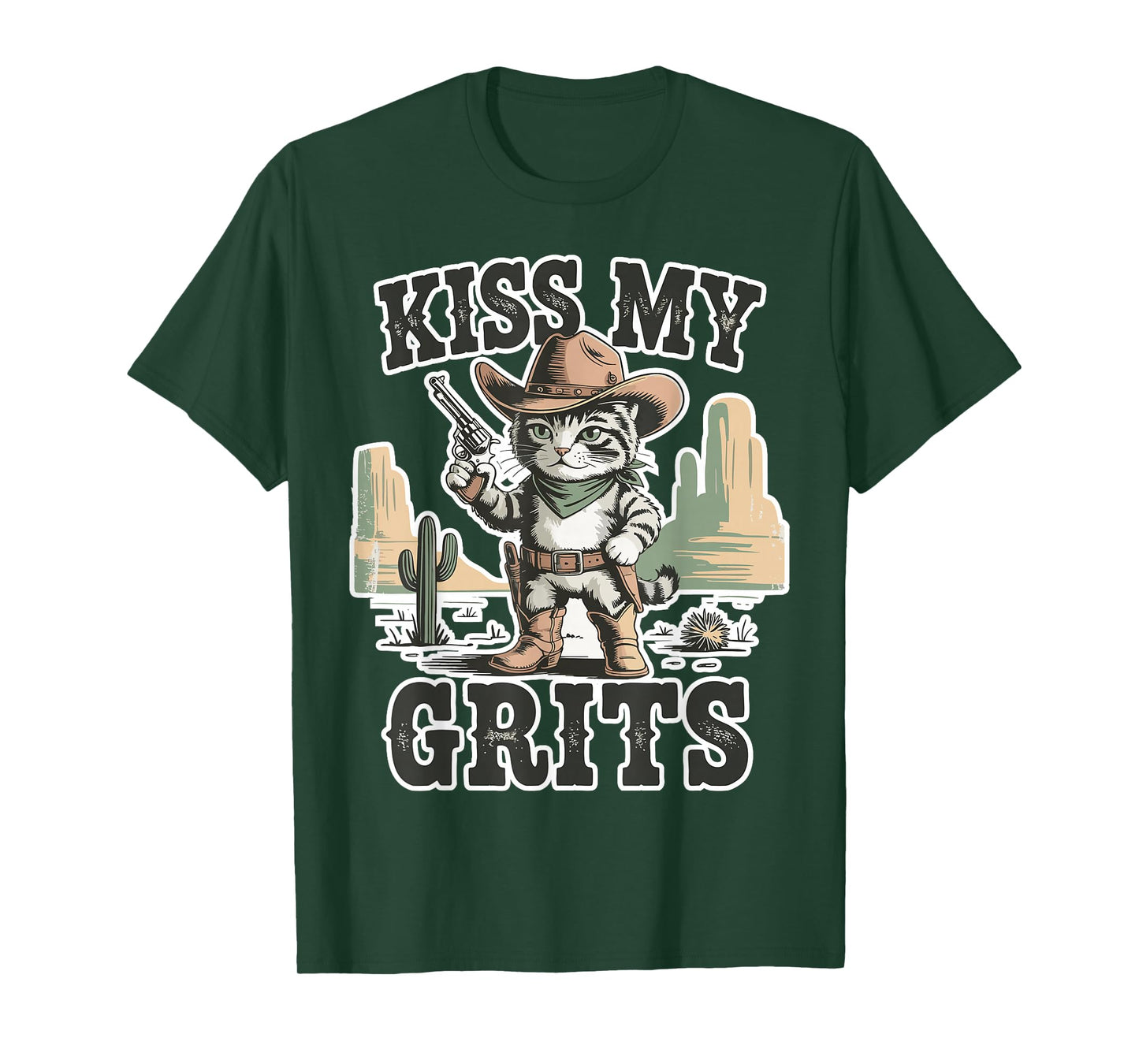 Funny Cat Cowboy Western Country Saying Animal Kiss My Grits T-Shirt