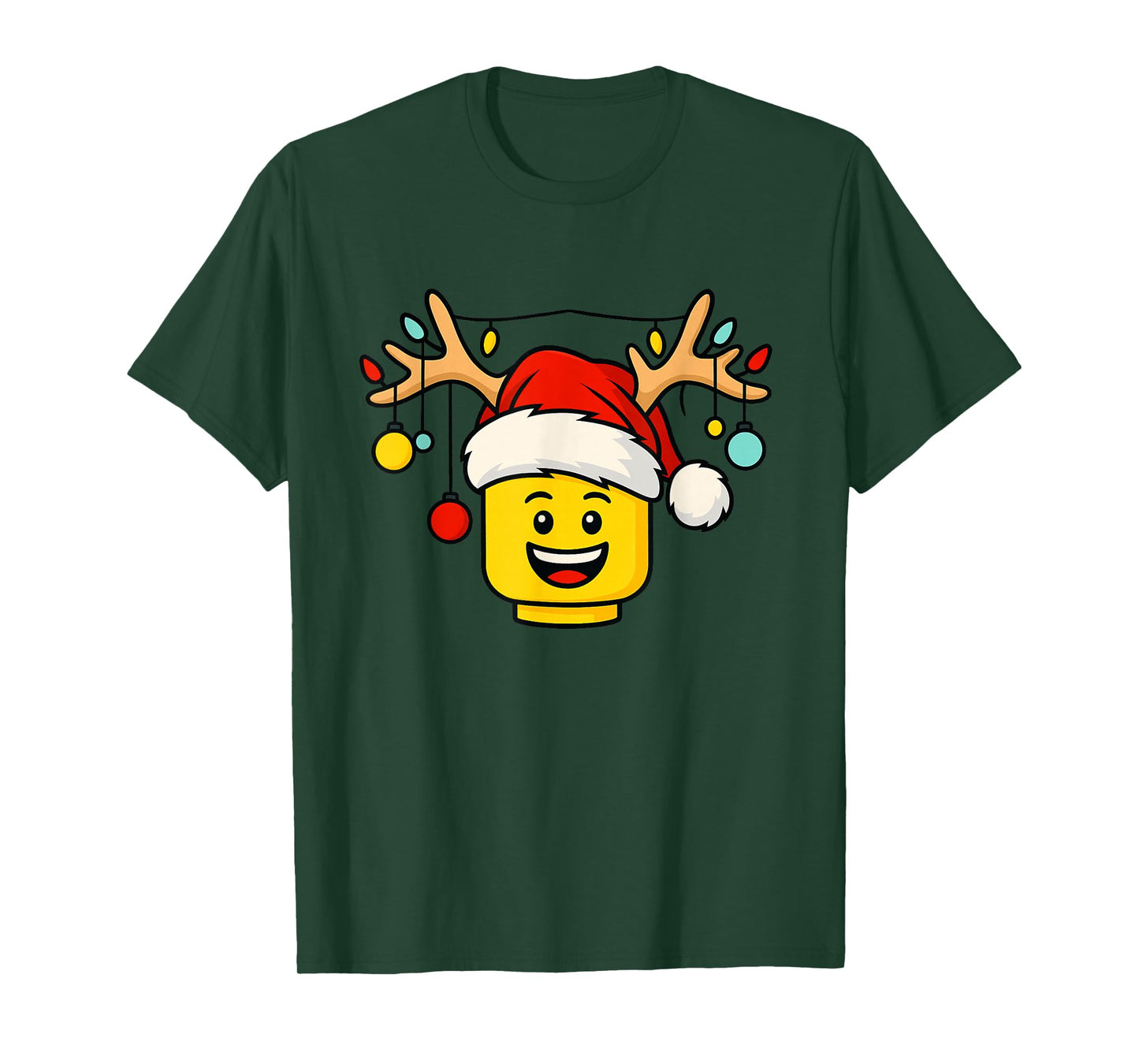 Christmas Building Bricks Head with Santa Hat Antlers Lights T-Shirt