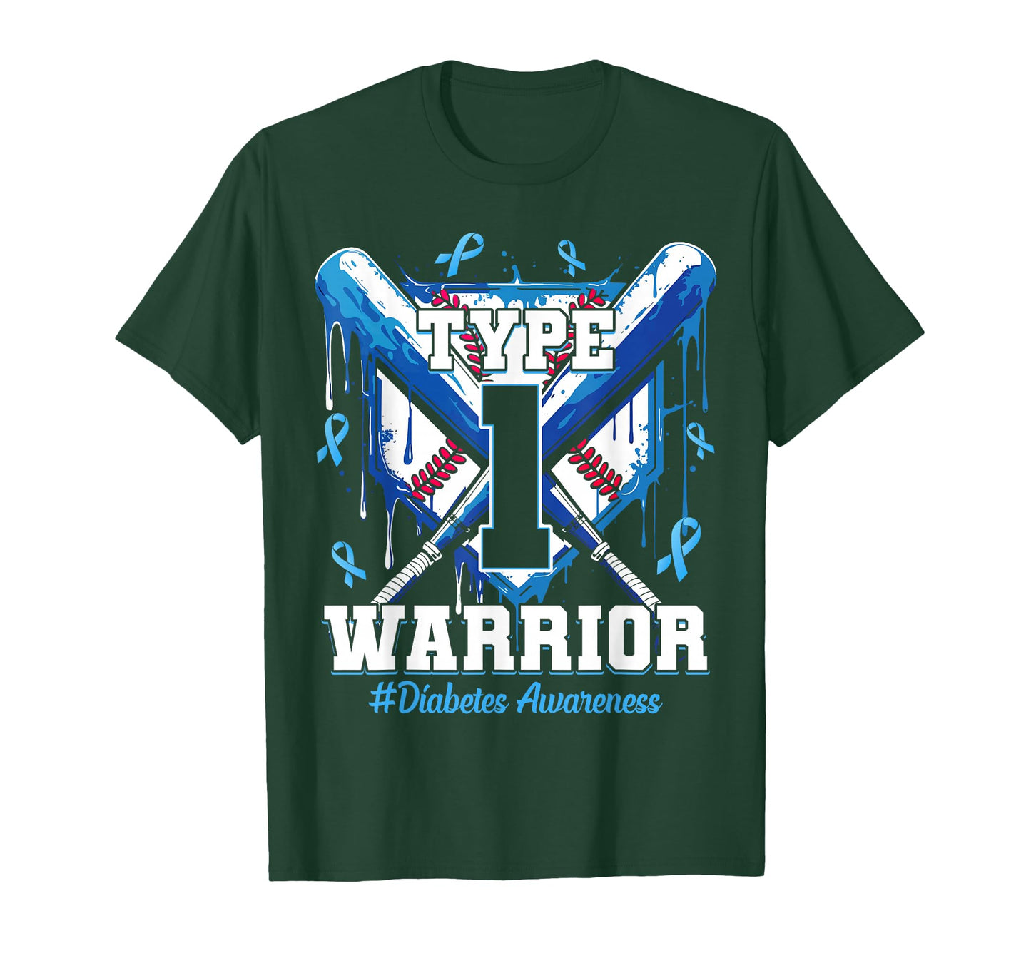 T1D Warrior Baseball Drip Diabetes Awareness Blue Ribbon T-Shirt