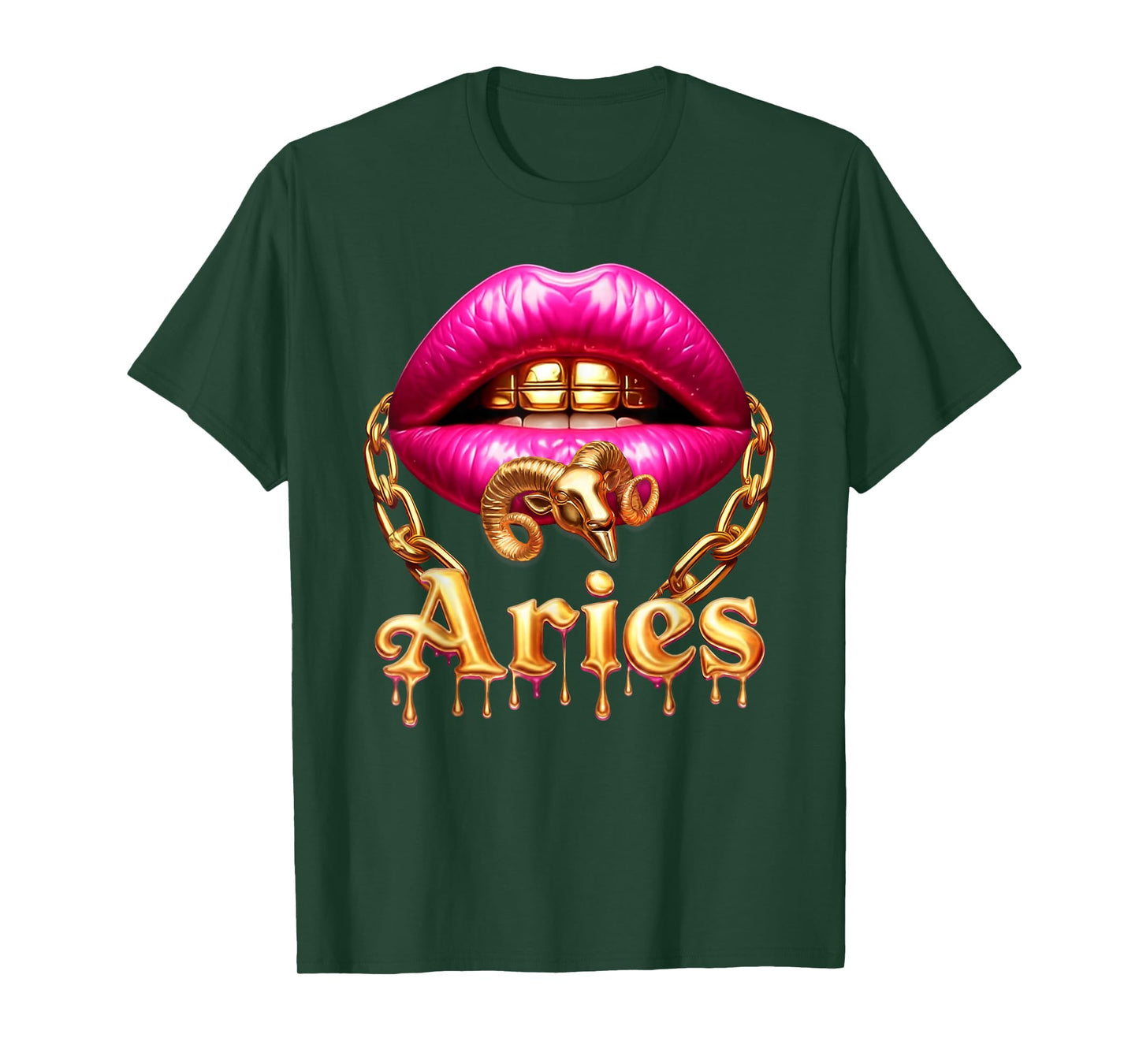 Aries Queen Girl Zodiac Birthday Women Pink Lips Gold Chain T-Shirt