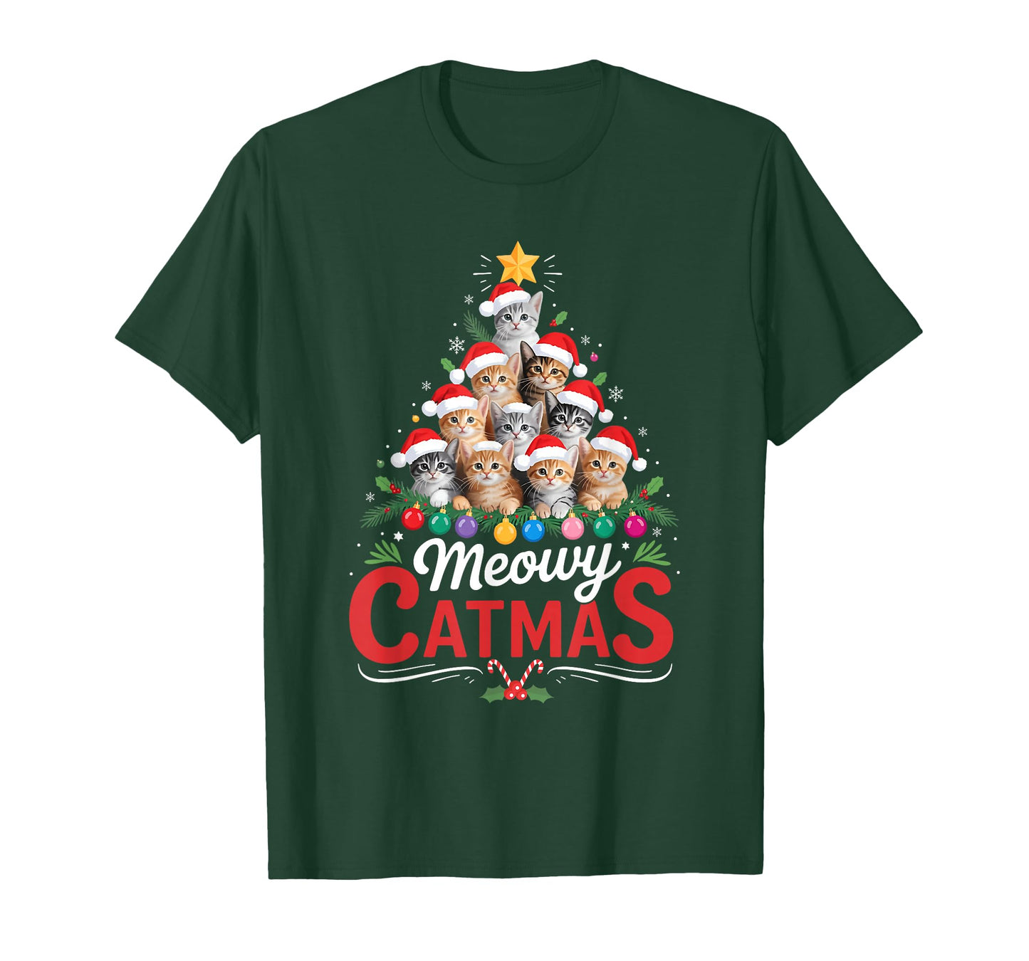 Meowy Catmas Cat Christmas Tree Xmas Girls Boys Funny Santa T-Shirt