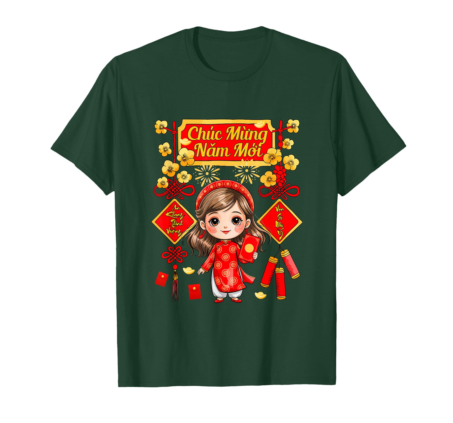 Mung NAM Moi New Year Vietnamese Kid Girl Wearing Ao Dai T-Shirt